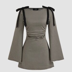 COTTON-BLEND BOAT NECK GINGHAM BOWKNOT RUCHED MINI DRESS